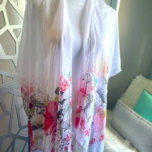 White/Floral shawl with fringes.